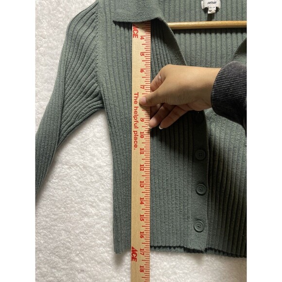 Aerie Ribbed Knit Button-Up Long Sleeve Crop Top SZ XS Minimalist Academia Green - Picture 6 of 8